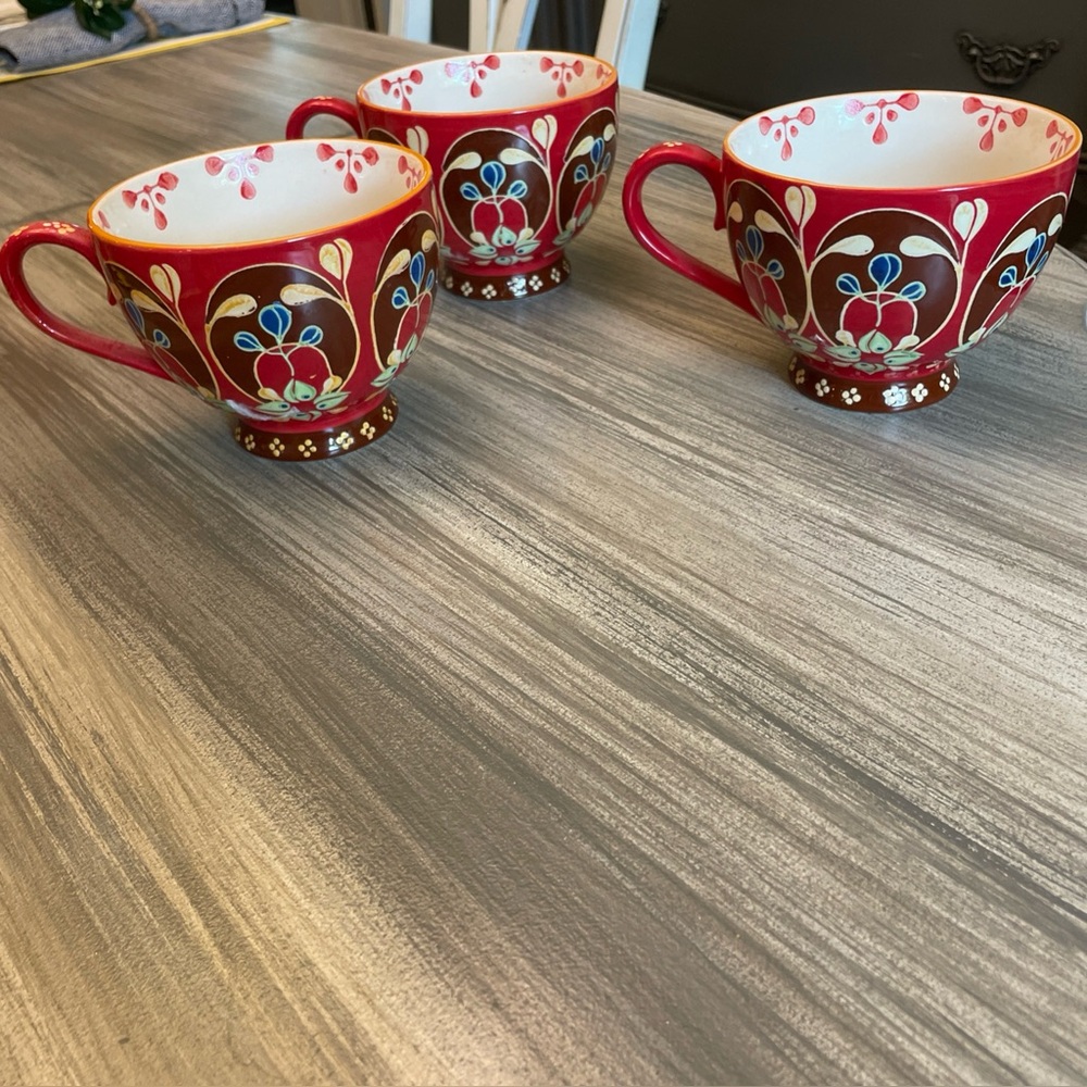Coastline Imports Red Floral Ceramic Mugs Set (3)